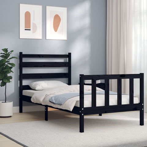ZNTS Bed Frame with Headboard Black 90x190 cm Single Solid Wood 3192005