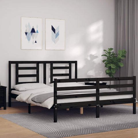 ZNTS Bed Frame with Headboard Black 160x200 cm Solid Wood 3194715