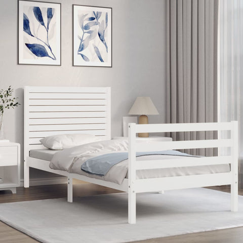 ZNTS Bed Frame with Headboard White 100x200 cm Solid Wood 3195017