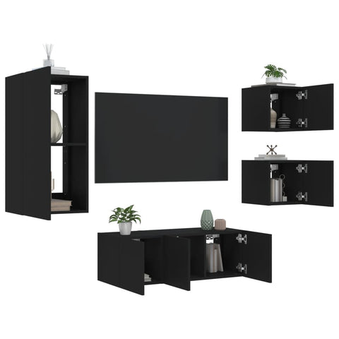 ZNTS 5 Piece TV Wall Units with LED Black Engineered Wood 3216826