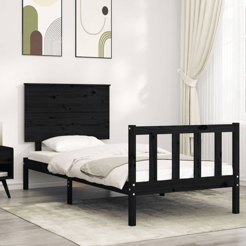 ZNTS Bed Frame with Headboard Black Single Solid Wood 3193370