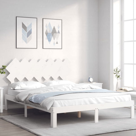 ZNTS Bed Frame with Headboard White King Size Solid Wood 3193732