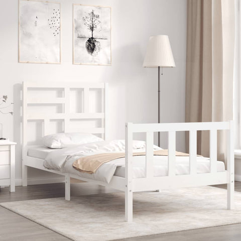 ZNTS Bed Frame with Headboard White 90x200 cm Solid Wood 3193062