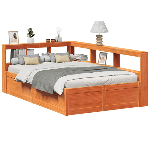 ZNTS Bookcase Bed without Mattress Wax Brown 135x190cm Solid Wood Pine 3324477