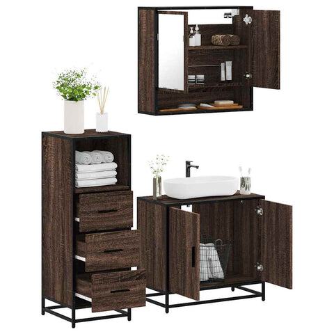 ZNTS 3 Piece Bathroom Furniture Set Brown Oak Engineered Wood 3301039