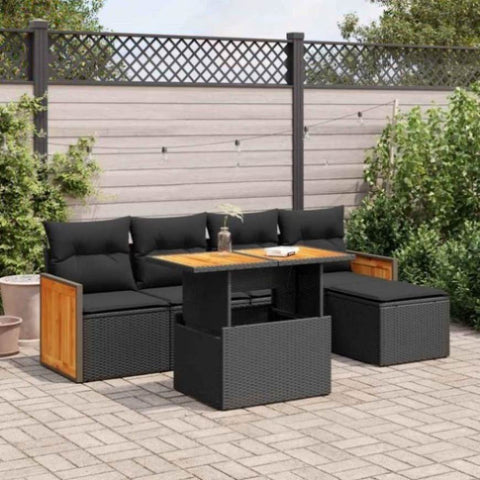 6 Piece Garden Sofa Set with Cushions Black Poly Rattan Acacia 3327695