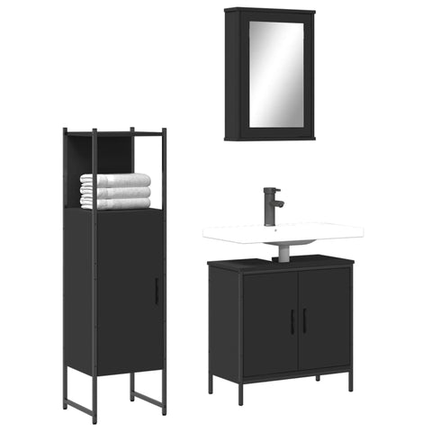 ZNTS 3 Piece Bathroom Furniture Set Black Engineered Wood 3214820