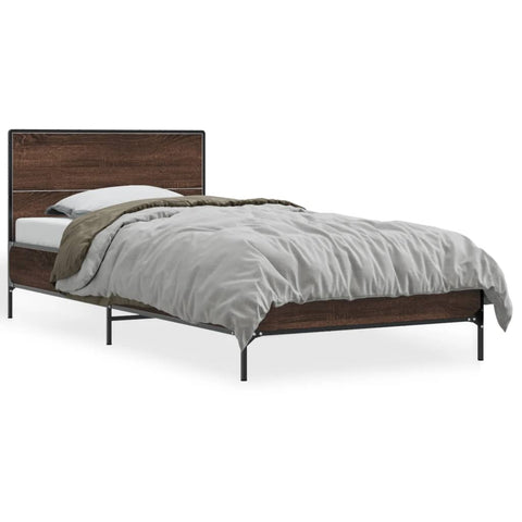 ZNTS Bed Frame Brown Oak 75x190 cm Small Single Engineered Wood and Metal 845561