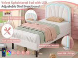 3ft Single Upholstered Bed with LED Adjustable Shell Shape Headboard, Soft Velvet Bed Frame with N652P242015W