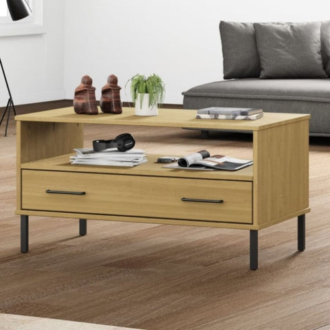 ZNTS Coffee Table with Metal Legs Brown 85x50x45cm Solid Wood OSLO 351033