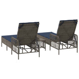Sun Lounger Reclining 3 pcs Grey and Navy Blue Poly Rattan 365438