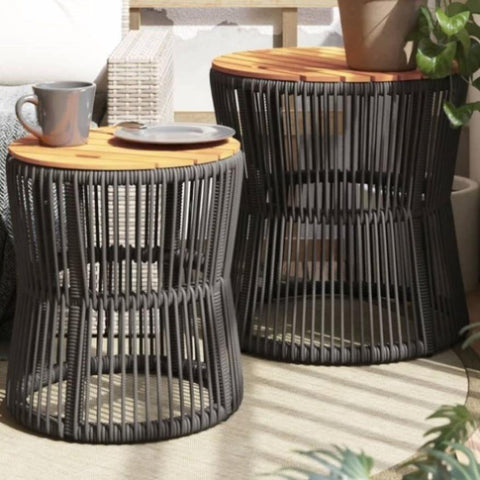 ZNTS Garden Side Tables 2 pcs with Wooden Top Grey Poly Rattan 366292