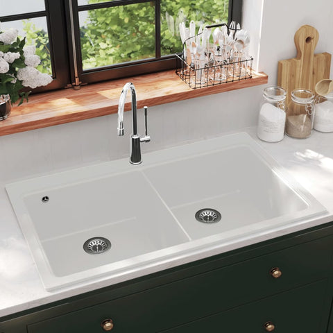ZNTS Overmount Kitchen Sink Double Basin Granite Cream White 141677