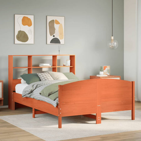 ZNTS Bookcase Bed without Mattress Wax Brown 135x190 cm Double Solid Wood Pine 3323115