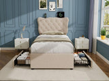 3ft Single Upholstered Bed with Rivet Design and Charging Station, Two Storage Drawers, Adjustable N652P412012B