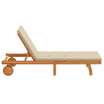 ZNTS Sun Lounger with Wheels and Cushion in Beige, Made of Solid Wood 4105537
