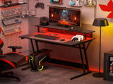Gaming Desk with LED Lights Power Outlets, 100 x 60cm Z Shaped Computer Desk with Monitor Stand T3398P344330