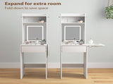 Small Vanity Desk with Mirror LED Lights, Compact Dressing Table with Drop Leaf, Open Shelves T3398P378102
