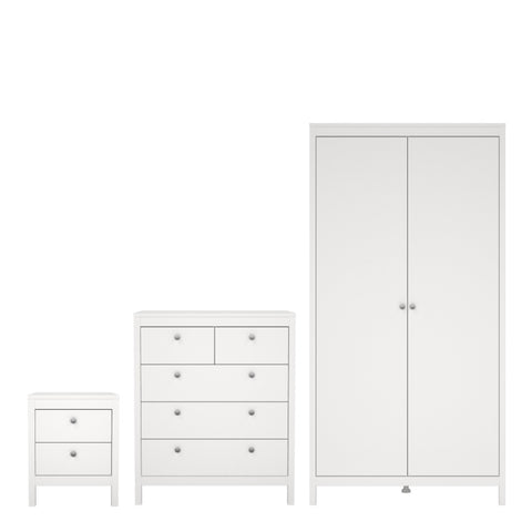Madrid 3 Piece Bundle, Bedside, Chest and 2 Door Wardrobe in White 7264949P1