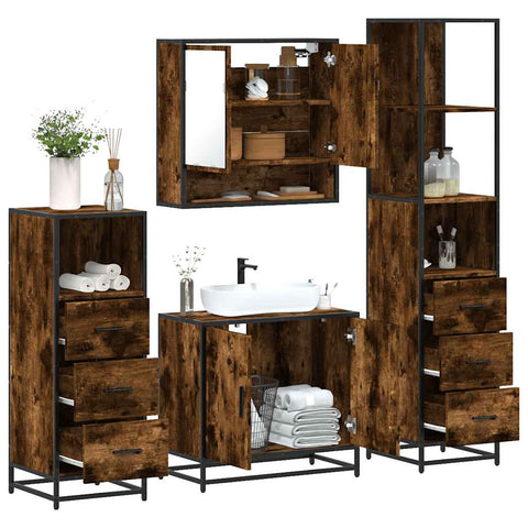 ZNTS 4 Piece Bathroom Furniture Set Smoked Oak Engineered Wood 3301277