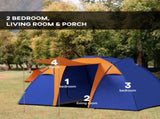 Camping Tent with 2 Bedroom, Living Area and Porch, 4-6 Man Large Tunnel Tent, 2000mm Waterproof, T3398P349003