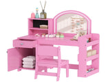 Kids Vanity Table and Chair Set, Girls Dressing Table with 2-Colour LED Mirror, Stool, Cabinet, T3398P422153