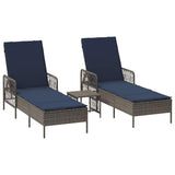 Sun Lounger Reclining 3 pcs Grey and Navy Blue Poly Rattan 365438