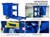 Janitor Cleaning Trolley, with Bin, Shelves and Hooks - Blue T3398P328340