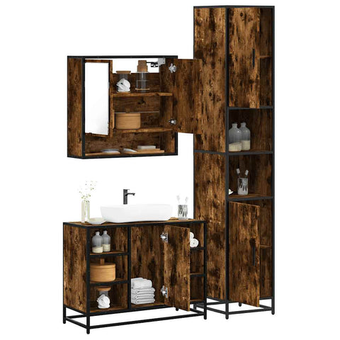 3 Piece Bathroom Furniture Set Smoked Oak Engineered Wood 3301122