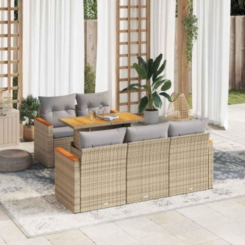 6 Piece Garden Sofa Set with Cushions Beige Poly Rattan Acacia 3327440