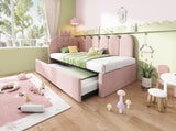 Upholstered Daybed with Pull-Out Bed, Crown-shaped Trundle Bed, 3FT Single Sofa Bed 90 x 190 cm, N601P431271P