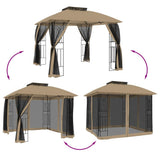 Gazebo with Double Roof and Mesh Walls Taupe 2.94x2.94 m Steel 368456