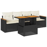 5 Piece Garden Sofa Set with Cushions Black Poly Rattan Acacia 3327430