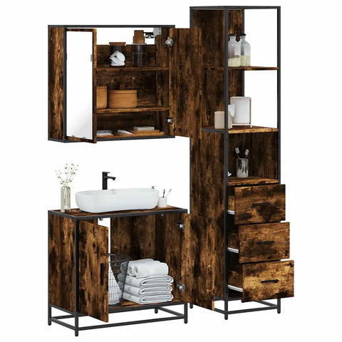 ZNTS 3 Piece Bathroom Furniture Set Smoked Oak Engineered Wood 3301127