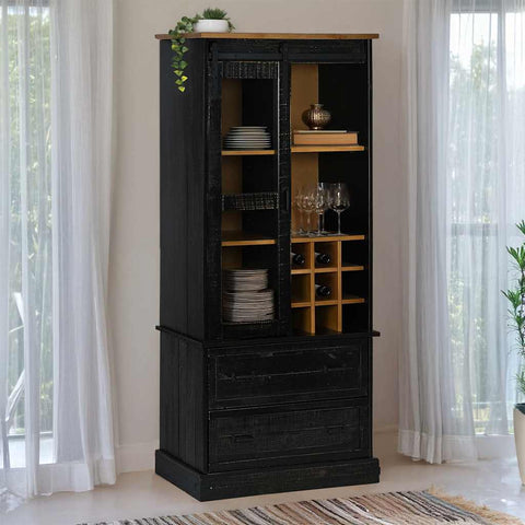 ZNTS Wine Cabinet HALDEN with Wine Racks and Sliding Door Black Pine 4018436