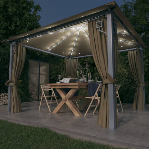 ZNTS Gazebo with Curtain&LED String Lights 3x3 m Taupe Aluminium 3070334