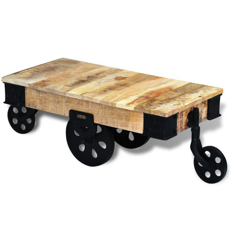 ZNTS Coffee Table with Wheels Rough Mango Wood 243280