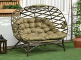 2 Seater Egg Chair Outdoor, Folding Weave Garden Furniture Chair with Cushion, Cup Pockets - Khaki T3398P328387