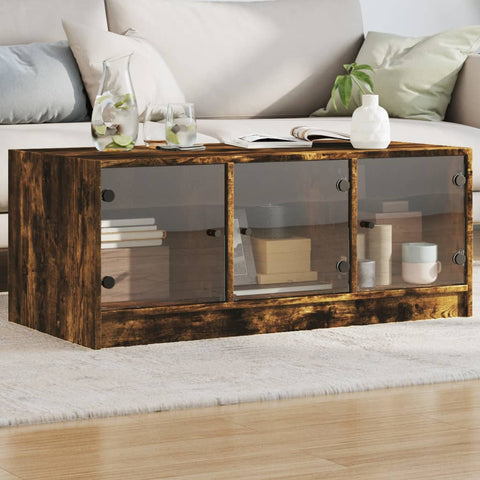 ZNTS Coffee Table with Glass Doors Smoked Oak 102x50x42 cm 836417