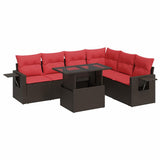 7 Piece Garden Sofa Set with Cushions Brown Poly Rattan Acacia 3326495
