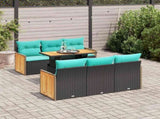 7 Piece Garden Sofa Set with Cushions Black Poly Rattan Acacia 3327669