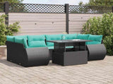 7 Piece Garden Sofa Set with Cushions Black Poly Rattan Acacia 3326588