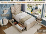 3ft Single Upholstered Bed with Rivet Design and Charging Station, Two Storage Drawers, Adjustable N652P412012B