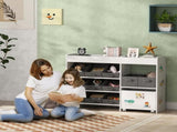 Kids Toy Storage Unit with 11 Bins, Cabinet, Top Shelves, 3 Stickers, for Nursery, Playroom, White T3398P379046