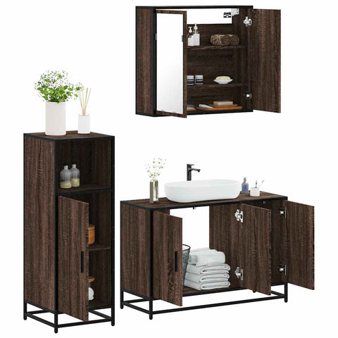 ZNTS 3 Piece Bathroom Furniture Set Brown Oak Engineered Wood 3300954