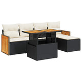 ZNTS 6 Piece Garden Sofa Set with Cushions Black Poly Rattan Acacia 3327696