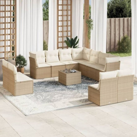 ZNTS 12 Piece Garden Sofa Set with Cushions Beige Poly Rattan 3217828