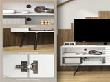 TV Stand with Cupboard, Open Shelves, Striped Doors, Wooden legs, White T3398P344513