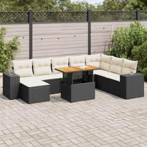 ZNTS 9 Piece Garden Sofa Set with Cushions Black Poly Rattan Acacia 3327409