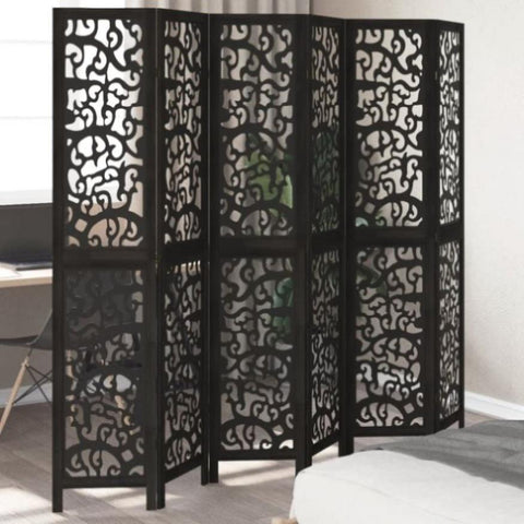 ZNTS Room Divider 6 Panels Black Solid Wood Paulownia 358763